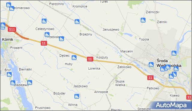 mapa Koszuty gmina Środa Wielkopolska, Koszuty gmina Środa Wielkopolska na mapie Targeo