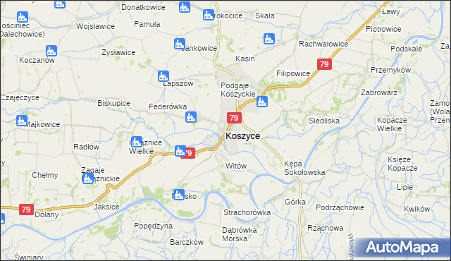 mapa Koszyce powiat proszowicki, Koszyce powiat proszowicki na mapie Targeo