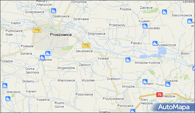 mapa Kowala gmina Proszowice, Kowala gmina Proszowice na mapie Targeo