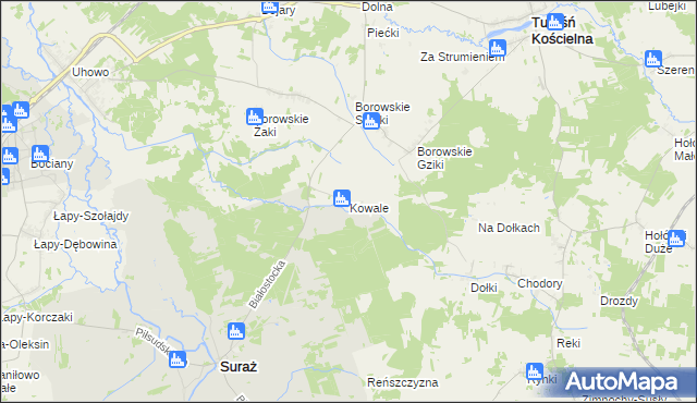 mapa Kowale gmina Suraż, Kowale gmina Suraż na mapie Targeo