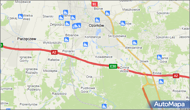 mapa Kowalewice gmina Parzęczew, Kowalewice gmina Parzęczew na mapie Targeo