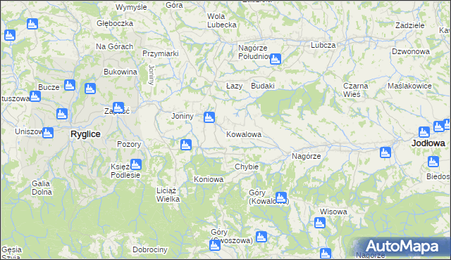 mapa Kowalowa gmina Ryglice, Kowalowa gmina Ryglice na mapie Targeo