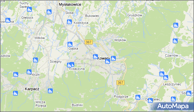 mapa Kowary powiat jeleniogórski, Kowary powiat jeleniogórski na mapie Targeo