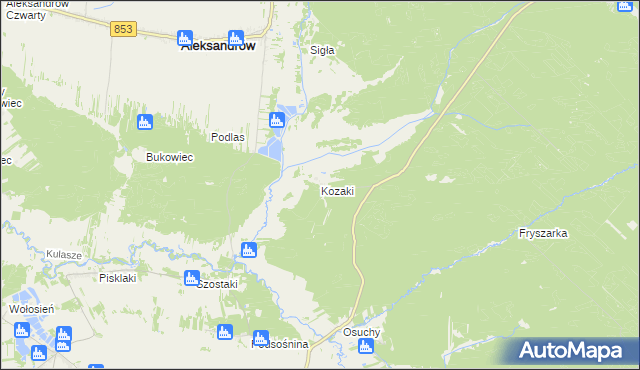 mapa Kozaki gmina Łukowa, Kozaki gmina Łukowa na mapie Targeo