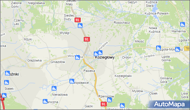 mapa Koziegłowy powiat myszkowski, Koziegłowy powiat myszkowski na mapie Targeo