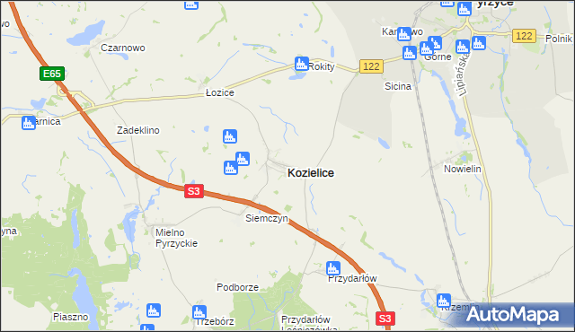 mapa Kozielice powiat pyrzycki, Kozielice powiat pyrzycki na mapie Targeo