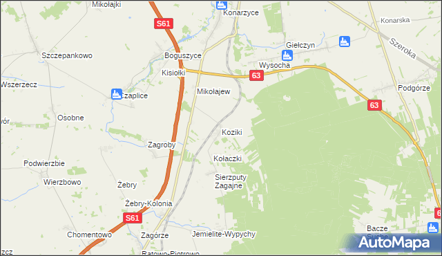 mapa Koziki gmina Śniadowo, Koziki gmina Śniadowo na mapie Targeo