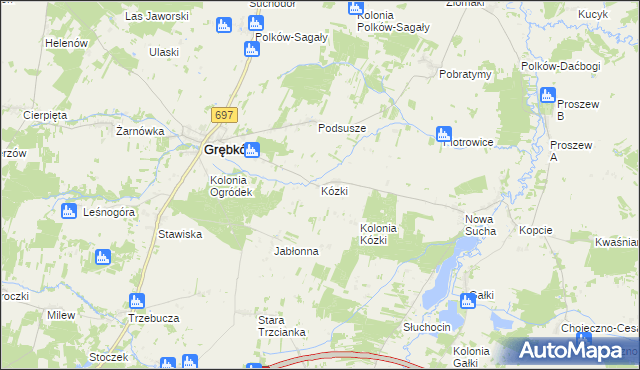 mapa Kózki gmina Grębków, Kózki gmina Grębków na mapie Targeo