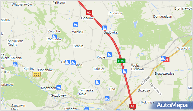 mapa Koźle gmina Stryków, Koźle gmina Stryków na mapie Targeo