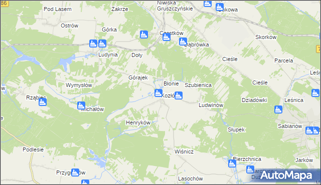 mapa Kozłów gmina Małogoszcz, Kozłów gmina Małogoszcz na mapie Targeo