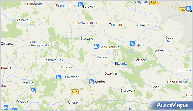 mapa Kozłów gmina Parysów, Kozłów gmina Parysów na mapie Targeo