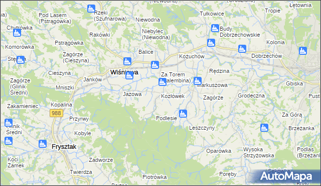 mapa Kozłówek gmina Wiśniowa, Kozłówek gmina Wiśniowa na mapie Targeo