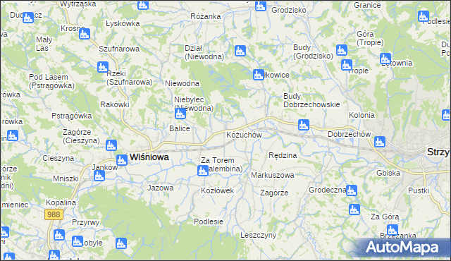 mapa Kożuchów gmina Wiśniowa, Kożuchów gmina Wiśniowa na mapie Targeo