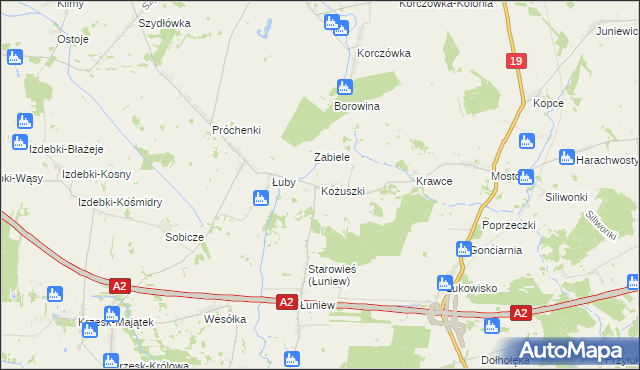 mapa Kożuszki gmina Międzyrzec Podlaski, Kożuszki gmina Międzyrzec Podlaski na mapie Targeo