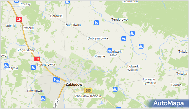 mapa Krasne gmina Zabłudów, Krasne gmina Zabłudów na mapie Targeo