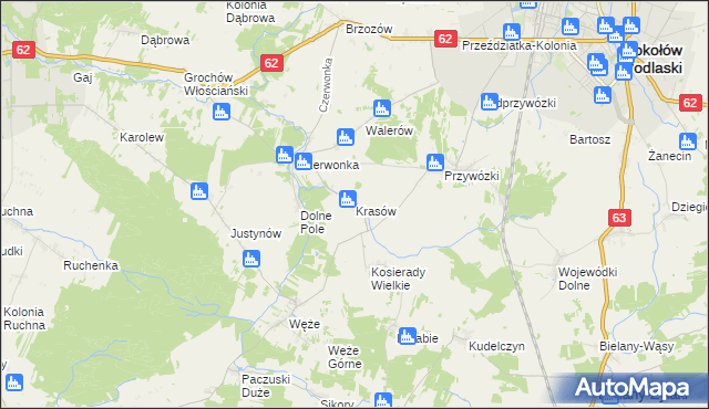 mapa Krasów gmina Sokołów Podlaski, Krasów gmina Sokołów Podlaski na mapie Targeo