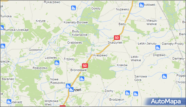 mapa Kraszewo gmina Ojrzeń, Kraszewo gmina Ojrzeń na mapie Targeo