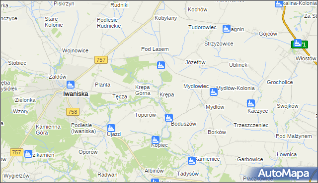 mapa Krępa gmina Iwaniska, Krępa gmina Iwaniska na mapie Targeo