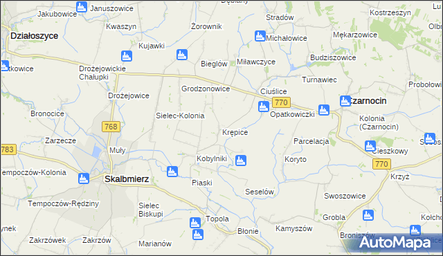 mapa Krępice gmina Skalbmierz, Krępice gmina Skalbmierz na mapie Targeo