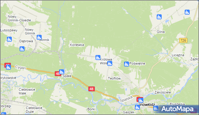 mapa Królowa Wola gmina Inowłódz, Królowa Wola gmina Inowłódz na mapie Targeo