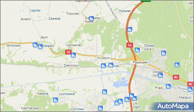 mapa Kruszyn gmina Sicienko, Kruszyn gmina Sicienko na mapie Targeo