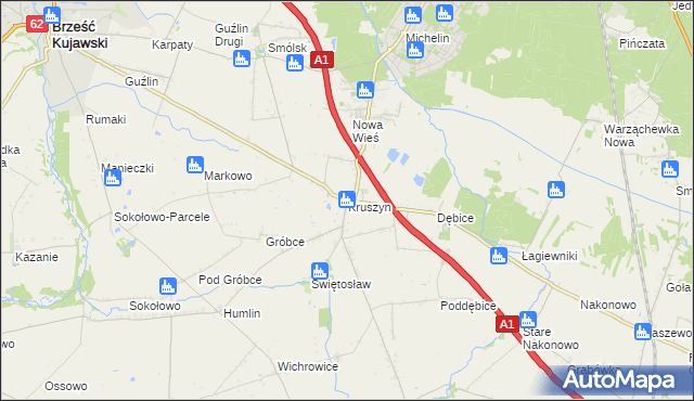 mapa Kruszyn gmina Włocławek, Kruszyn gmina Włocławek na mapie Targeo