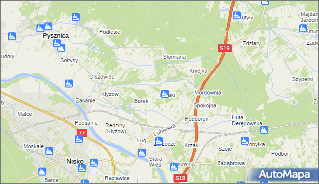 mapa Krzaki gmina Pysznica, Krzaki gmina Pysznica na mapie Targeo