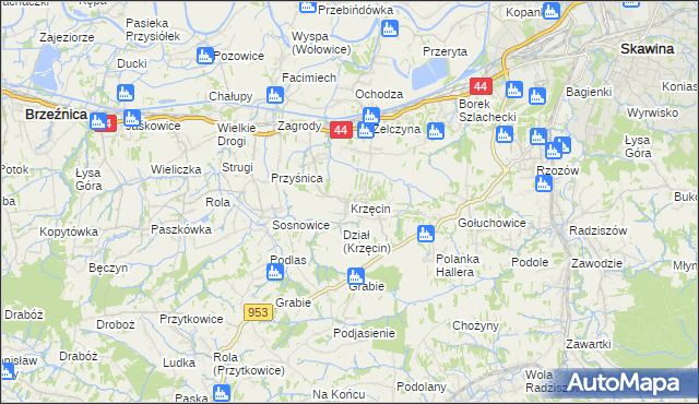 mapa Krzęcin gmina Skawina, Krzęcin gmina Skawina na mapie Targeo