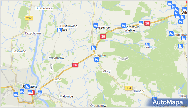 mapa Krzelów gmina Wińsko, Krzelów gmina Wińsko na mapie Targeo