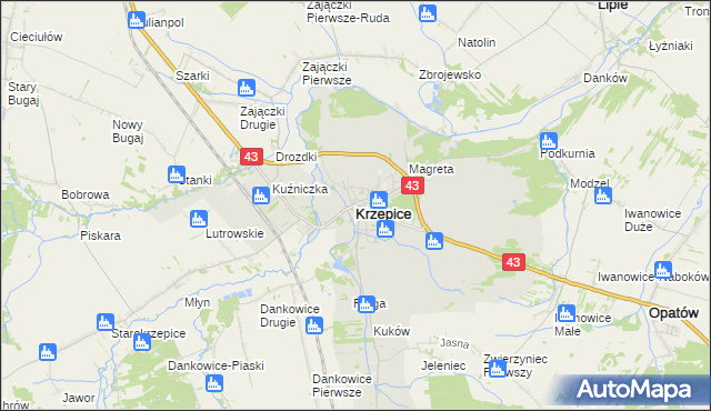 mapa Krzepice powiat kłobucki, Krzepice powiat kłobucki na mapie Targeo