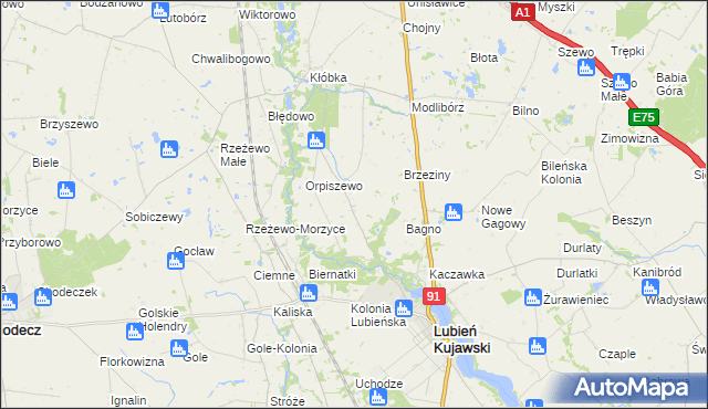 mapa Krzewie gmina Lubień Kujawski, Krzewie gmina Lubień Kujawski na mapie Targeo