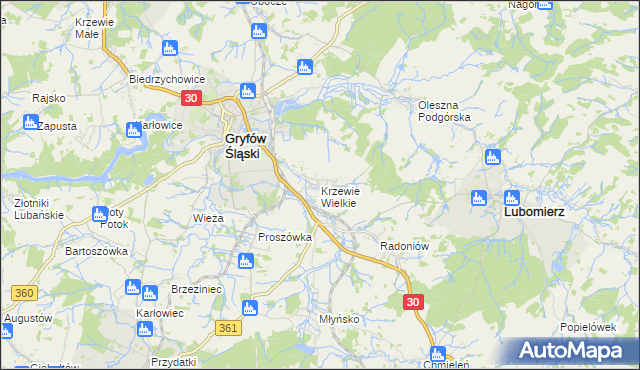 mapa Krzewie Wielkie, Krzewie Wielkie na mapie Targeo