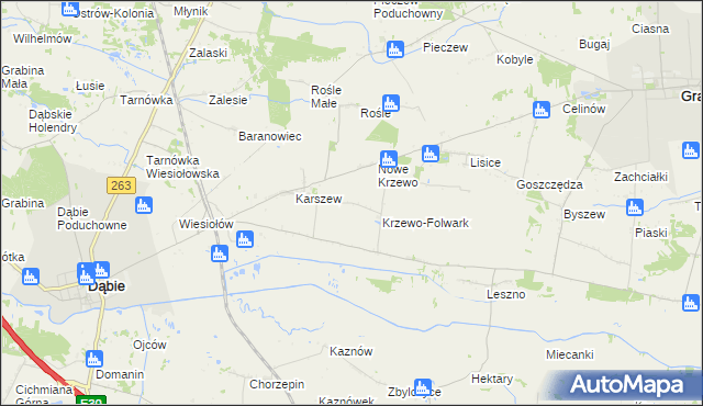 mapa Krzewo gmina Dąbie, Krzewo gmina Dąbie na mapie Targeo