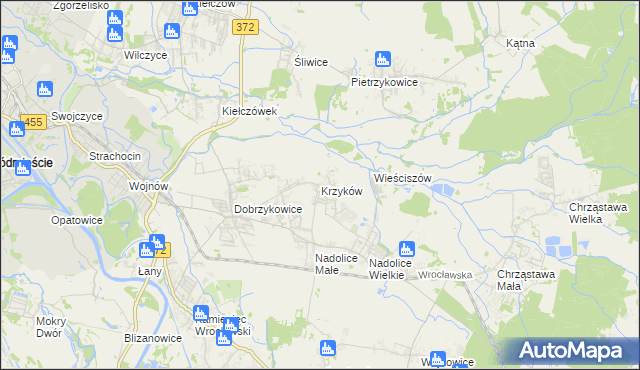 mapa Krzyków gmina Czernica, Krzyków gmina Czernica na mapie Targeo