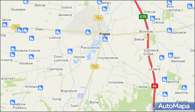 mapa Krzyszkowice gmina Piątek, Krzyszkowice gmina Piątek na mapie Targeo