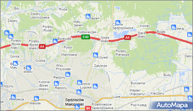 mapa Krzywa gmina Sędziszów Małopolski, Krzywa gmina Sędziszów Małopolski na mapie Targeo