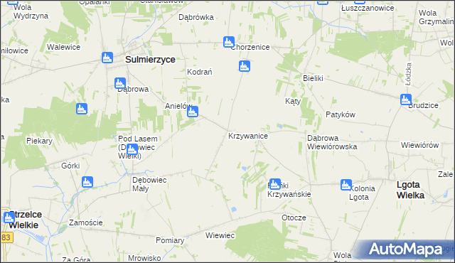 mapa Krzywanice gmina Lgota Wielka, Krzywanice gmina Lgota Wielka na mapie Targeo