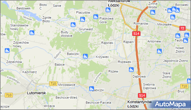 mapa Krzywiec gmina Aleksandrów Łódzki, Krzywiec gmina Aleksandrów Łódzki na mapie Targeo