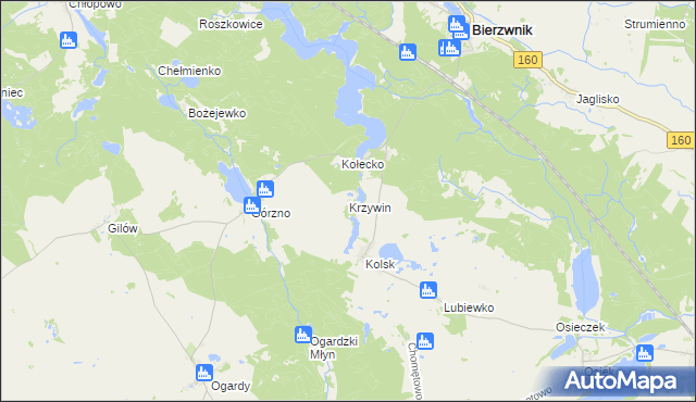 mapa Krzywin gmina Bierzwnik, Krzywin gmina Bierzwnik na mapie Targeo