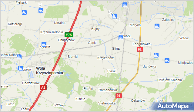 mapa Krzyżanów gmina Wola Krzysztoporska, Krzyżanów gmina Wola Krzysztoporska na mapie Targeo