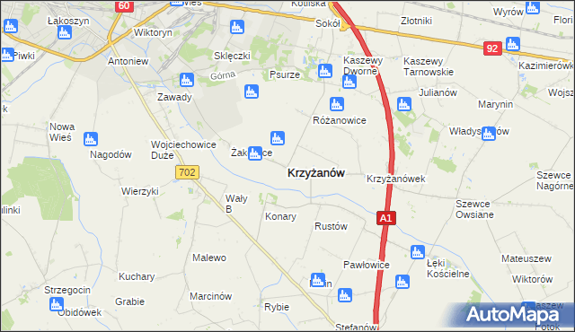 mapa Krzyżanów powiat kutnowski, Krzyżanów powiat kutnowski na mapie Targeo