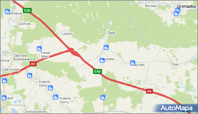 mapa Krzyżowa gmina Gromadka, Krzyżowa gmina Gromadka na mapie Targeo