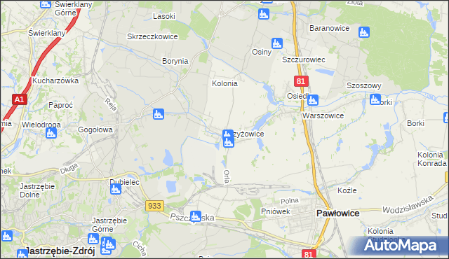 mapa Krzyżowice gmina Pawłowice, Krzyżowice gmina Pawłowice na mapie Targeo