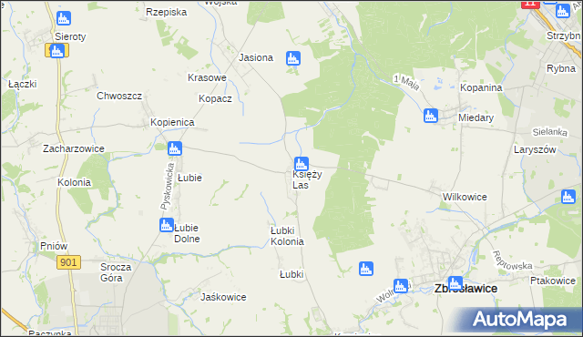 mapa Księży Las gmina Zbrosławice, Księży Las gmina Zbrosławice na mapie Targeo