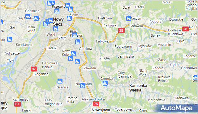 mapa Kunów gmina Chełmiec, Kunów gmina Chełmiec na mapie Targeo