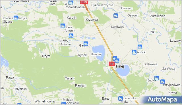 mapa Kunów gmina Firlej, Kunów gmina Firlej na mapie Targeo