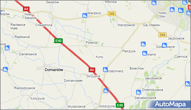 mapa Kuny gmina Domaniów, Kuny gmina Domaniów na mapie Targeo