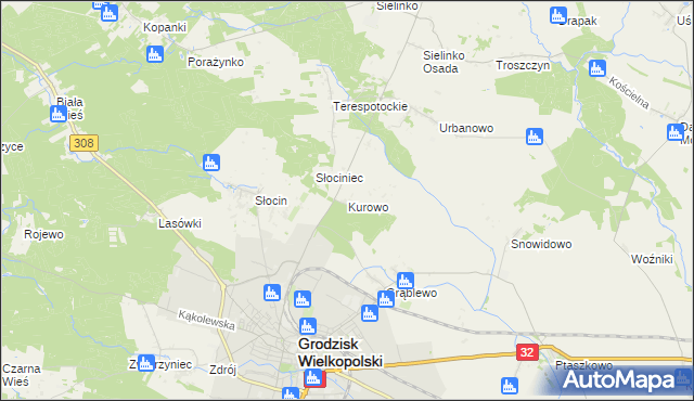 mapa Kurowo gmina Grodzisk Wielkopolski, Kurowo gmina Grodzisk Wielkopolski na mapie Targeo