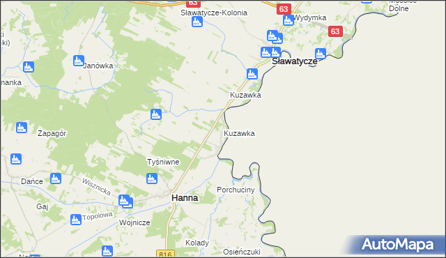 mapa Kuzawka gmina Hanna, Kuzawka gmina Hanna na mapie Targeo