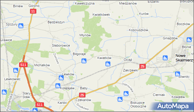 mapa Kwiatków gmina Ostrów Wielkopolski, Kwiatków gmina Ostrów Wielkopolski na mapie Targeo